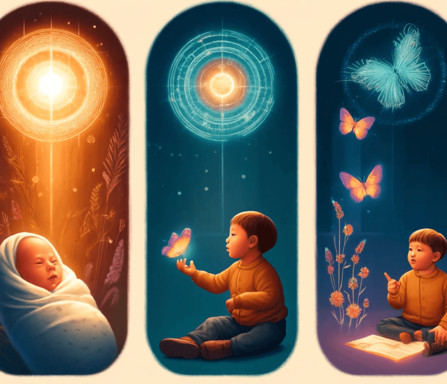 The illustration reflects the developmental phases of early childhood, capturing the essence of each stage from the newborn bliss to the beginning of self-awareness and the development of an individual identity, all without using text.